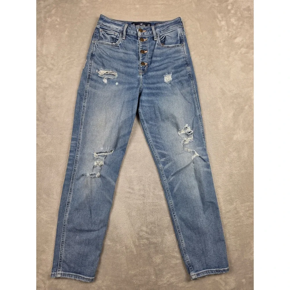 Hollister Ultra High-Rise Mom Jean Women 3R W26 L27 Blue Distressed Button Fly